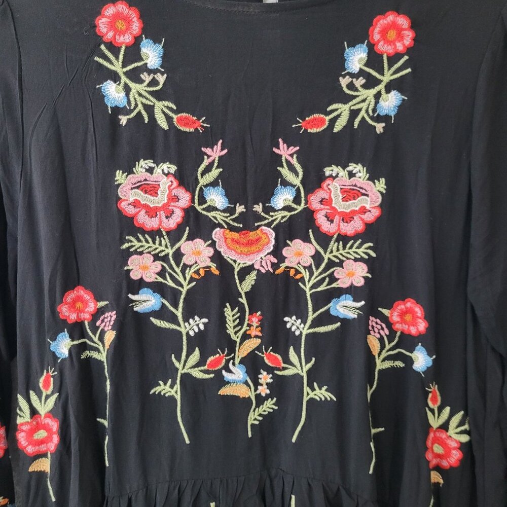 Zara Womens Midnight Garden Black Floral Embroidered Swing Dress Size M/L Boho - Picture 7 of 14